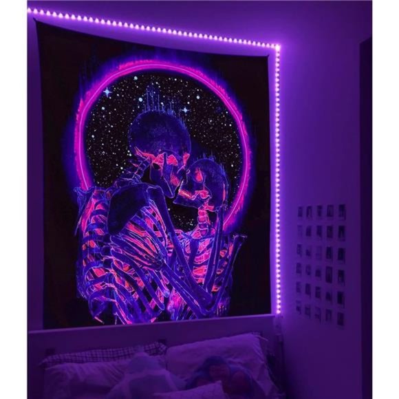 Blacklight Skull Tapestry, The Kissing Lovers Tapestry UV Reactive Trippy Neon - Picture 1 of 6